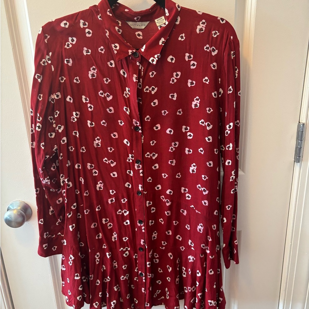 Anthropologie red tunic blouse with peplum bottom long